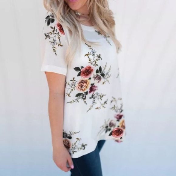 White Floral Chiffon Blouse M-2XL - Picture 1 of 8